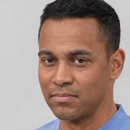 Neutral black adult male with short  black hair and brown eyes