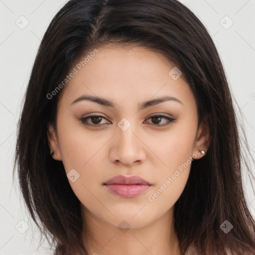 Neutral white young-adult female with long  brown hair and brown eyes