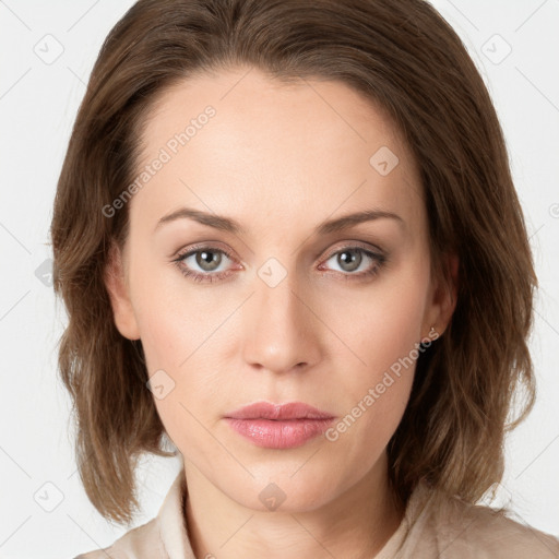 Neutral white young-adult female with medium  brown hair and blue eyes