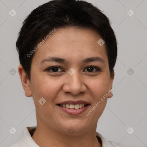 Joyful white young-adult female with short  brown hair and brown eyes