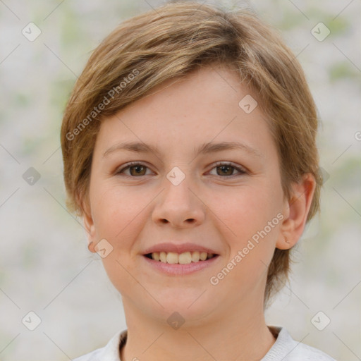 Joyful white child female with medium  brown hair and brown eyes