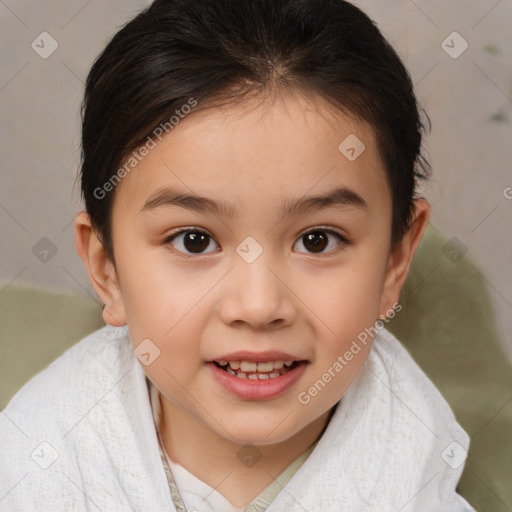 Joyful white child female with medium  brown hair and brown eyes