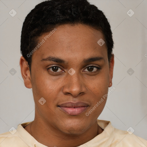 Joyful latino young-adult female with short  brown hair and brown eyes