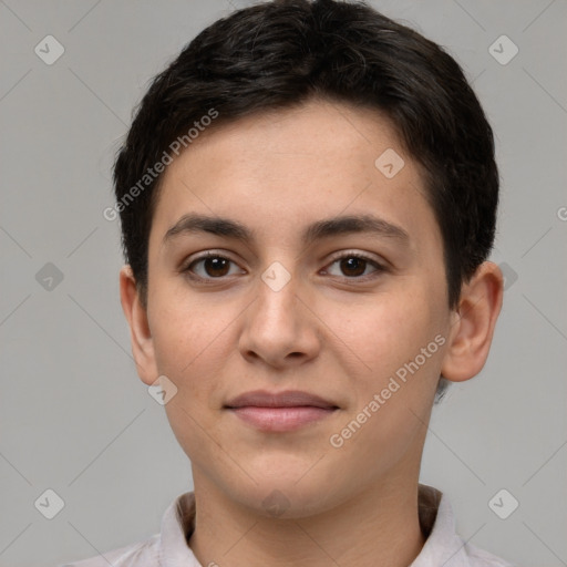 Joyful white young-adult female with short  brown hair and brown eyes