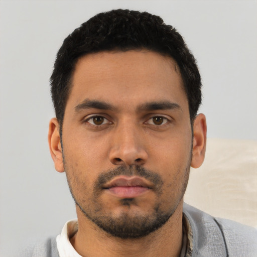 Neutral asian young-adult male with short  black hair and brown eyes