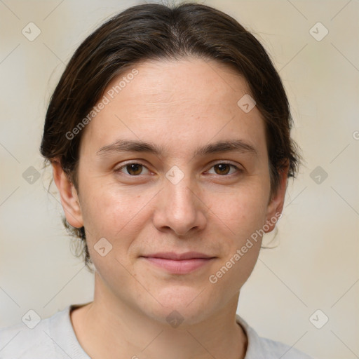 Joyful white young-adult female with medium  brown hair and brown eyes