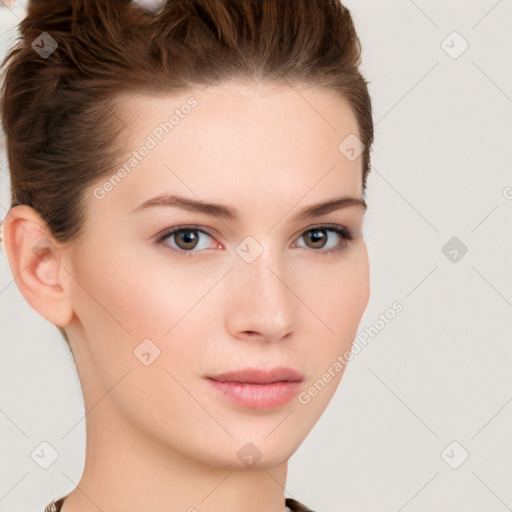 Neutral white young-adult female with short  brown hair and brown eyes