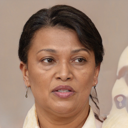 Joyful white adult female with short  brown hair and brown eyes