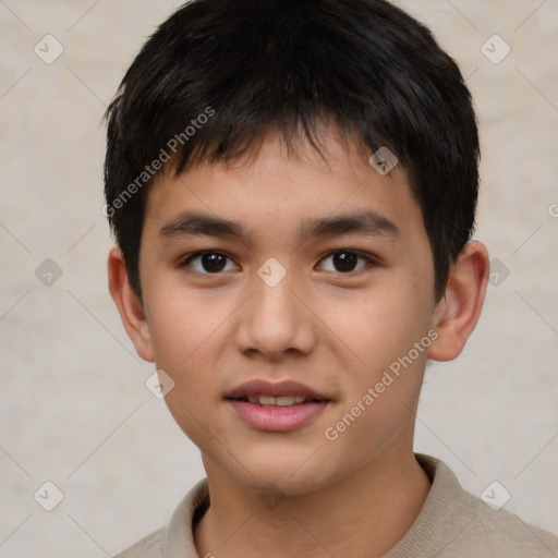 Joyful white child male with short  brown hair and brown eyes
