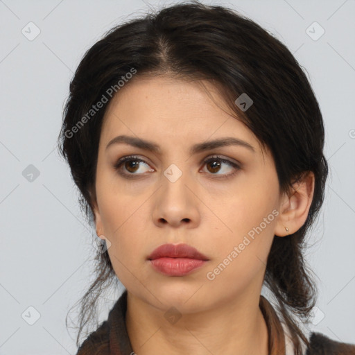 Neutral asian young-adult female with medium  brown hair and brown eyes