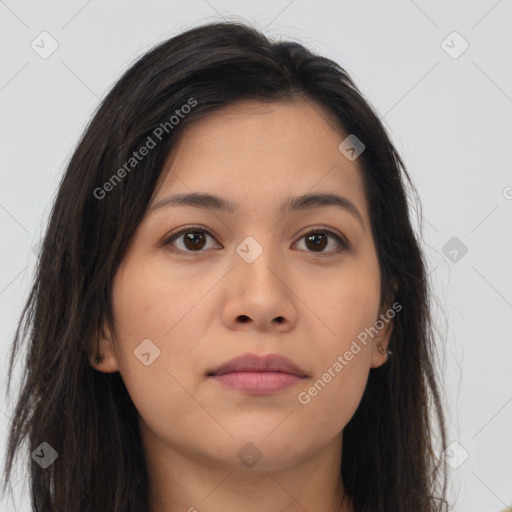 Neutral asian young-adult female with long  brown hair and brown eyes