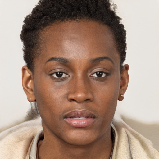 Neutral black young-adult female with short  brown hair and brown eyes