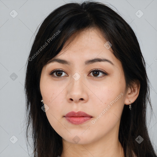 Neutral asian young-adult female with long  brown hair and brown eyes