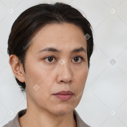Neutral white young-adult female with short  brown hair and brown eyes