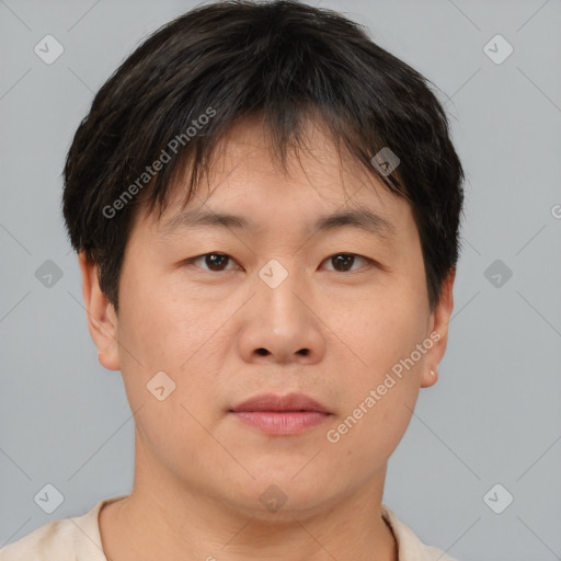 Neutral asian young-adult male with short  brown hair and brown eyes