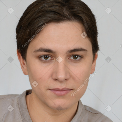 Neutral white young-adult female with short  brown hair and brown eyes