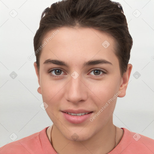 Joyful white young-adult female with short  brown hair and brown eyes