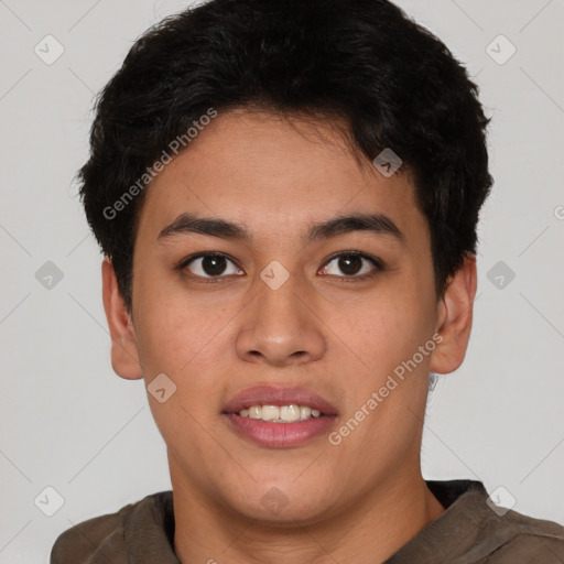 Joyful latino young-adult male with short  brown hair and brown eyes