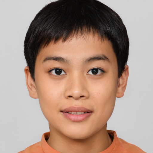 Joyful asian child male with short  brown hair and brown eyes