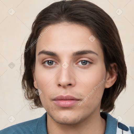 Neutral white young-adult female with medium  brown hair and brown eyes