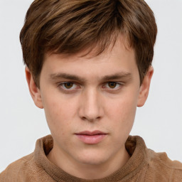 Neutral white young-adult male with short  brown hair and grey eyes
