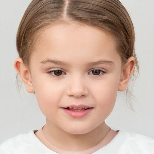 Joyful white child female with medium  brown hair and brown eyes