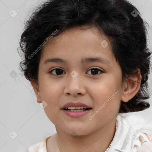 Joyful white child female with medium  brown hair and brown eyes