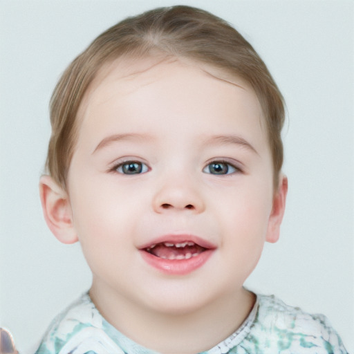 Joyful white child female with short  brown hair and blue eyes