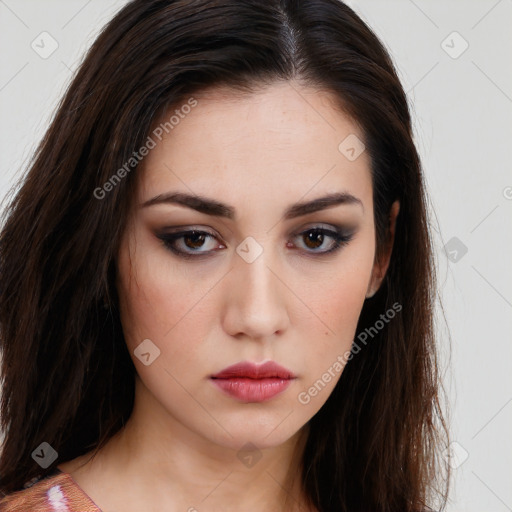 Neutral white young-adult female with long  brown hair and brown eyes