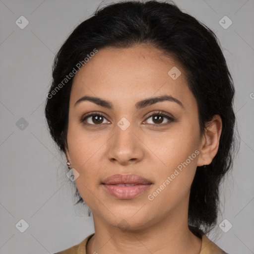 Joyful latino young-adult female with medium  black hair and brown eyes