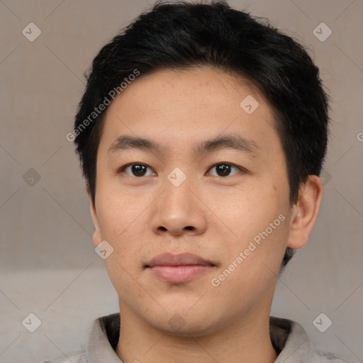 Neutral asian young-adult male with short  black hair and brown eyes