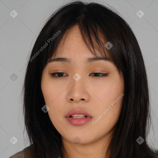 Neutral asian young-adult female with long  brown hair and brown eyes