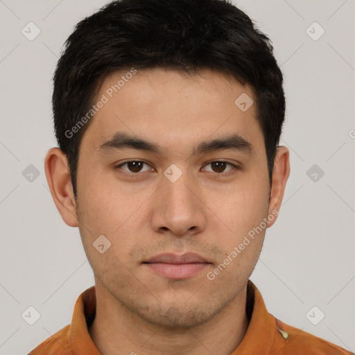 Neutral asian young-adult male with short  brown hair and brown eyes