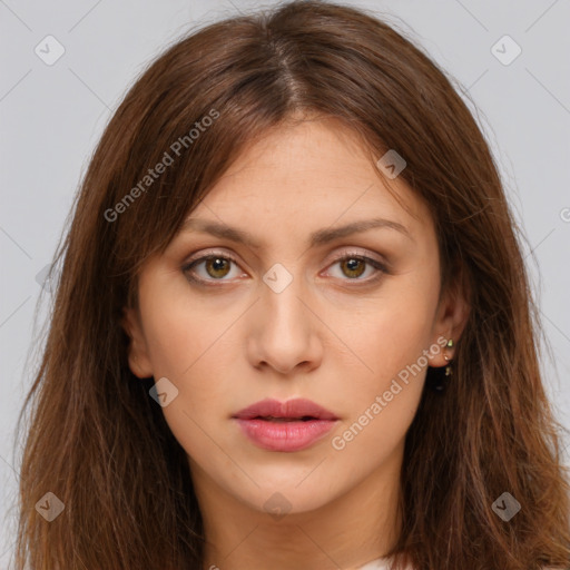 Neutral white young-adult female with long  brown hair and brown eyes