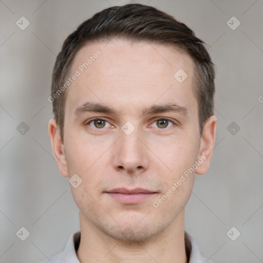 Neutral white young-adult male with short  brown hair and brown eyes