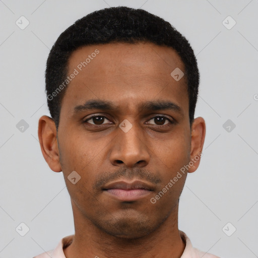 Neutral black young-adult male with short  black hair and brown eyes