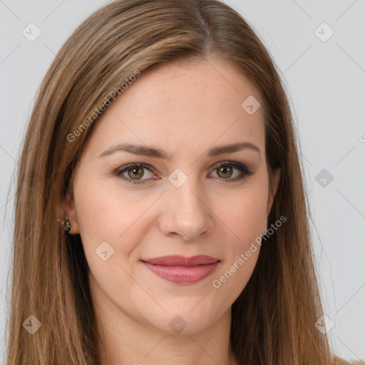 Joyful white young-adult female with long  brown hair and brown eyes