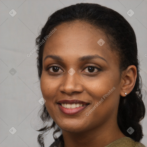 Joyful black young-adult female with medium  black hair and brown eyes