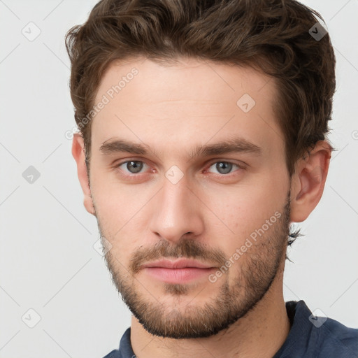 Neutral white young-adult male with short  brown hair and grey eyes