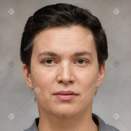 Joyful white young-adult female with short  brown hair and brown eyes