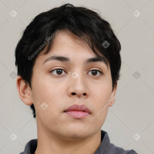 Neutral asian young-adult male with short  brown hair and brown eyes