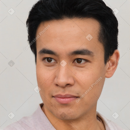 Neutral asian young-adult male with short  black hair and brown eyes