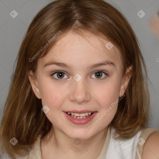 Joyful white child female with medium  brown hair and brown eyes