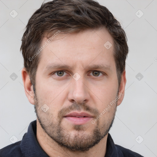 Neutral white young-adult male with short  brown hair and grey eyes