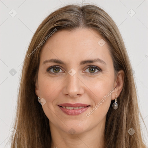 Joyful white young-adult female with long  brown hair and grey eyes