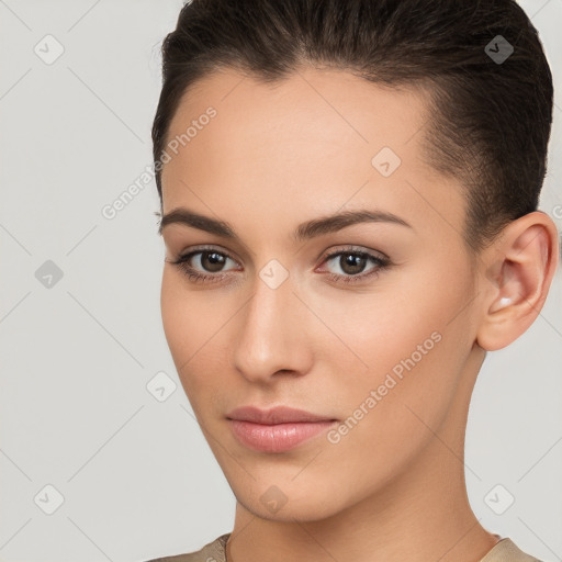 Neutral white young-adult female with short  brown hair and brown eyes