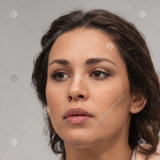 Neutral white young-adult female with medium  brown hair and brown eyes