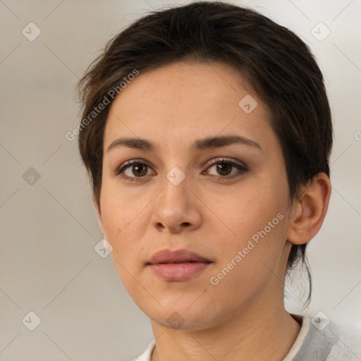 Neutral white young-adult female with short  brown hair and brown eyes