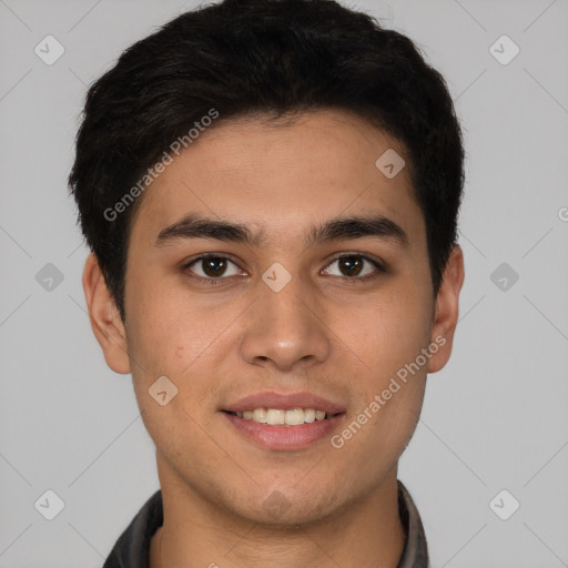 Joyful latino young-adult male with short  brown hair and brown eyes