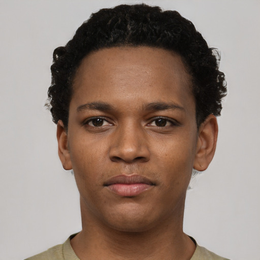 Neutral black young-adult male with short  black hair and brown eyes